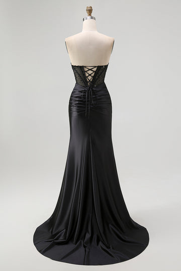 Strapless Sequin Black Corset Mermaid Prom Dress